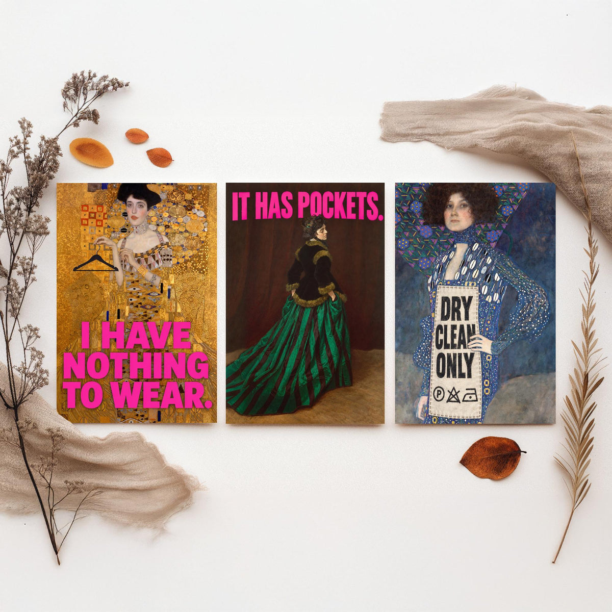 Funny Wardrobe Set of Three Art Prints - I Have Nothing to Wear, It Has Pockets, Dry Clean Only - Classic Painting Parody Poster