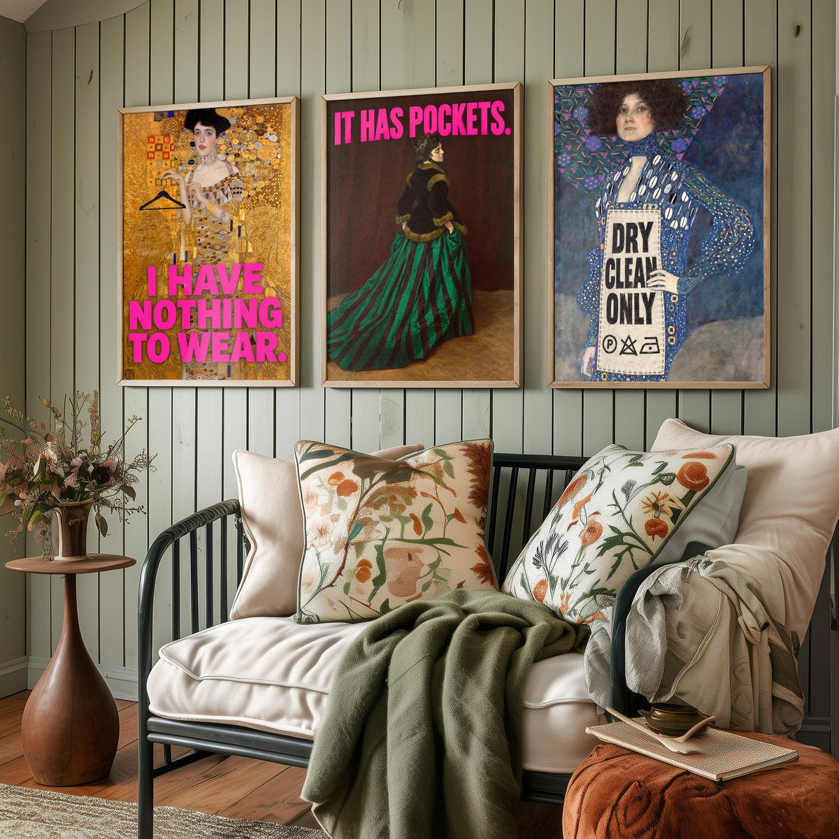 Funny Wardrobe Set of Three Art Prints - I Have Nothing to Wear, It Has Pockets, Dry Clean Only - Classic Painting Parody Poster