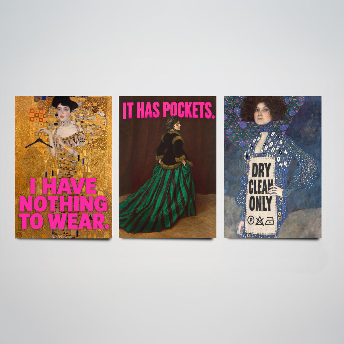 Funny Wardrobe Set of Three Art Prints - I Have Nothing to Wear, It Has Pockets, Dry Clean Only - Classic Painting Parody Poster