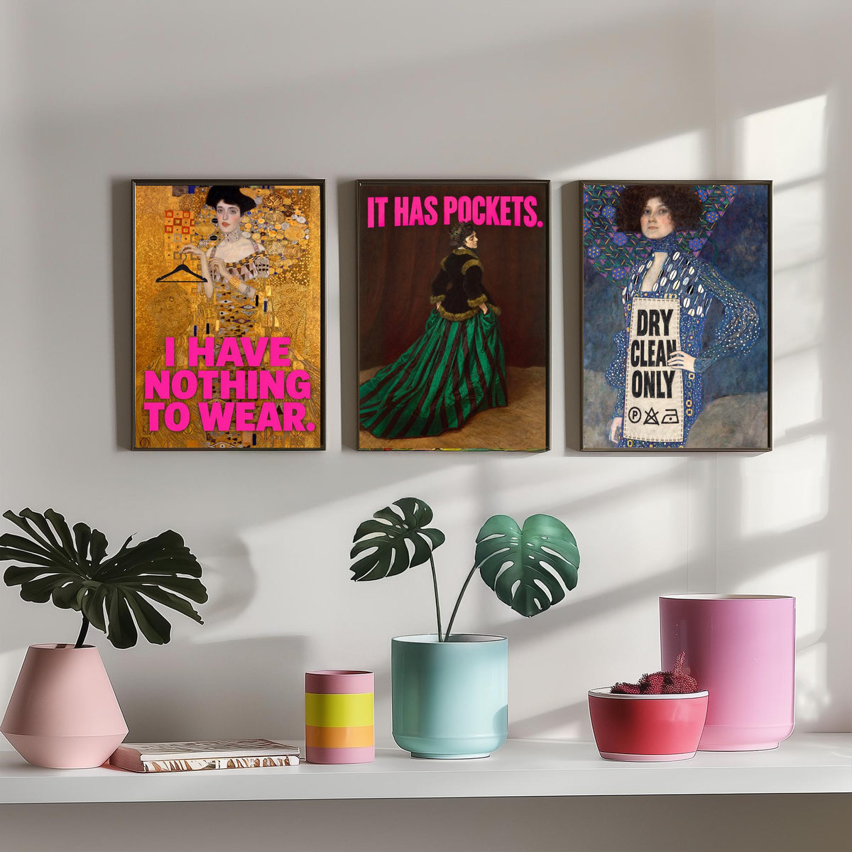 Funny Wardrobe Set of Three Art Prints - I Have Nothing to Wear, It Has Pockets, Dry Clean Only - Classic Painting Parody Poster