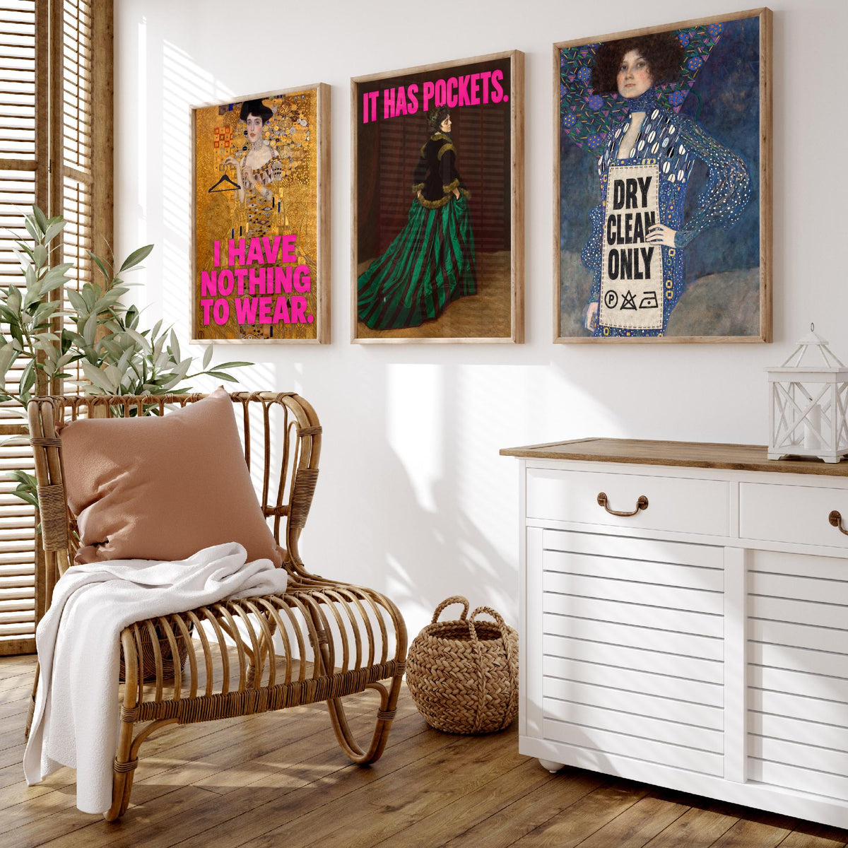 Funny Wardrobe Set of Three Art Prints - I Have Nothing to Wear, It Has Pockets, Dry Clean Only - Classic Painting Parody Poster
