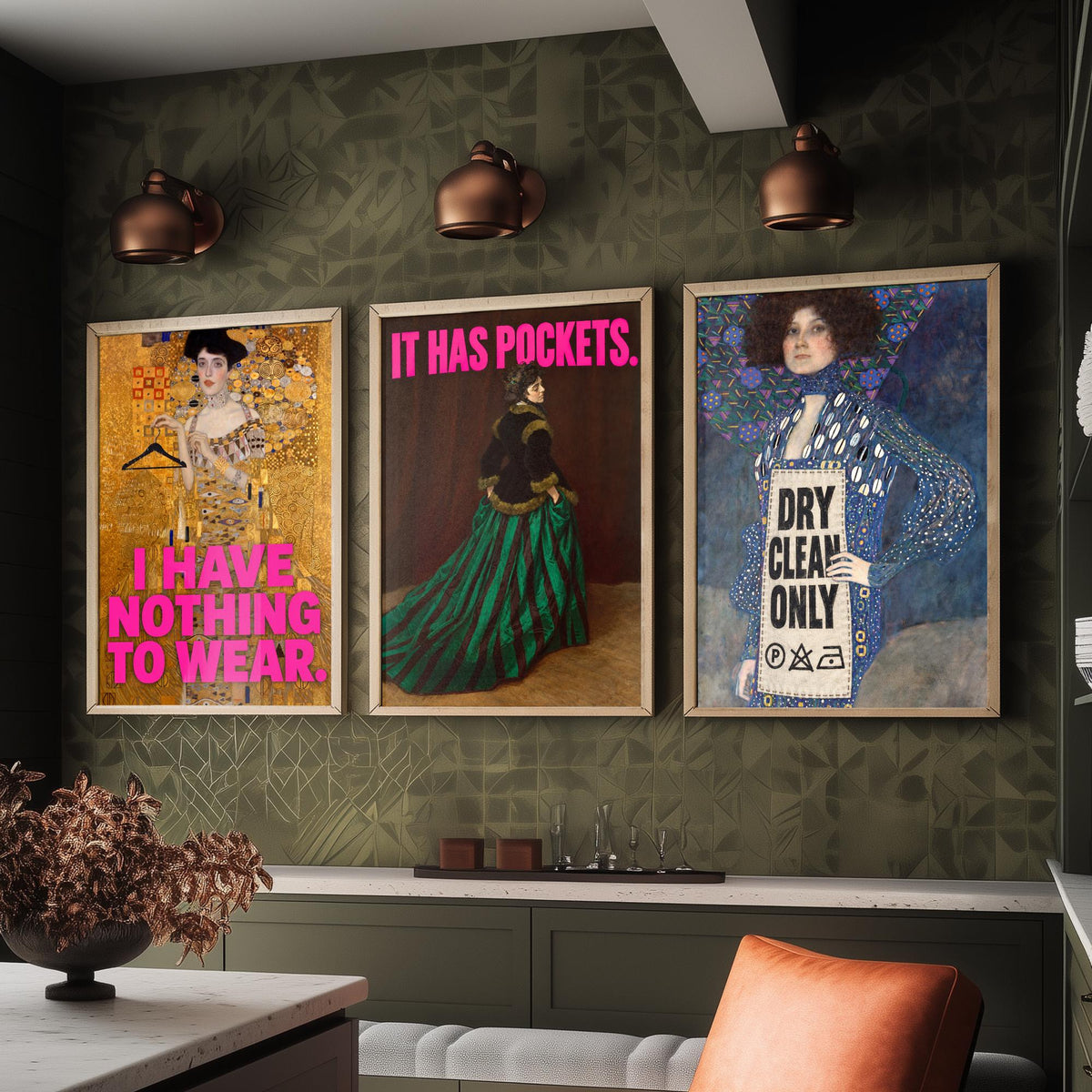 Funny Wardrobe Set of Three Art Prints - I Have Nothing to Wear, It Has Pockets, Dry Clean Only - Classic Painting Parody Poster