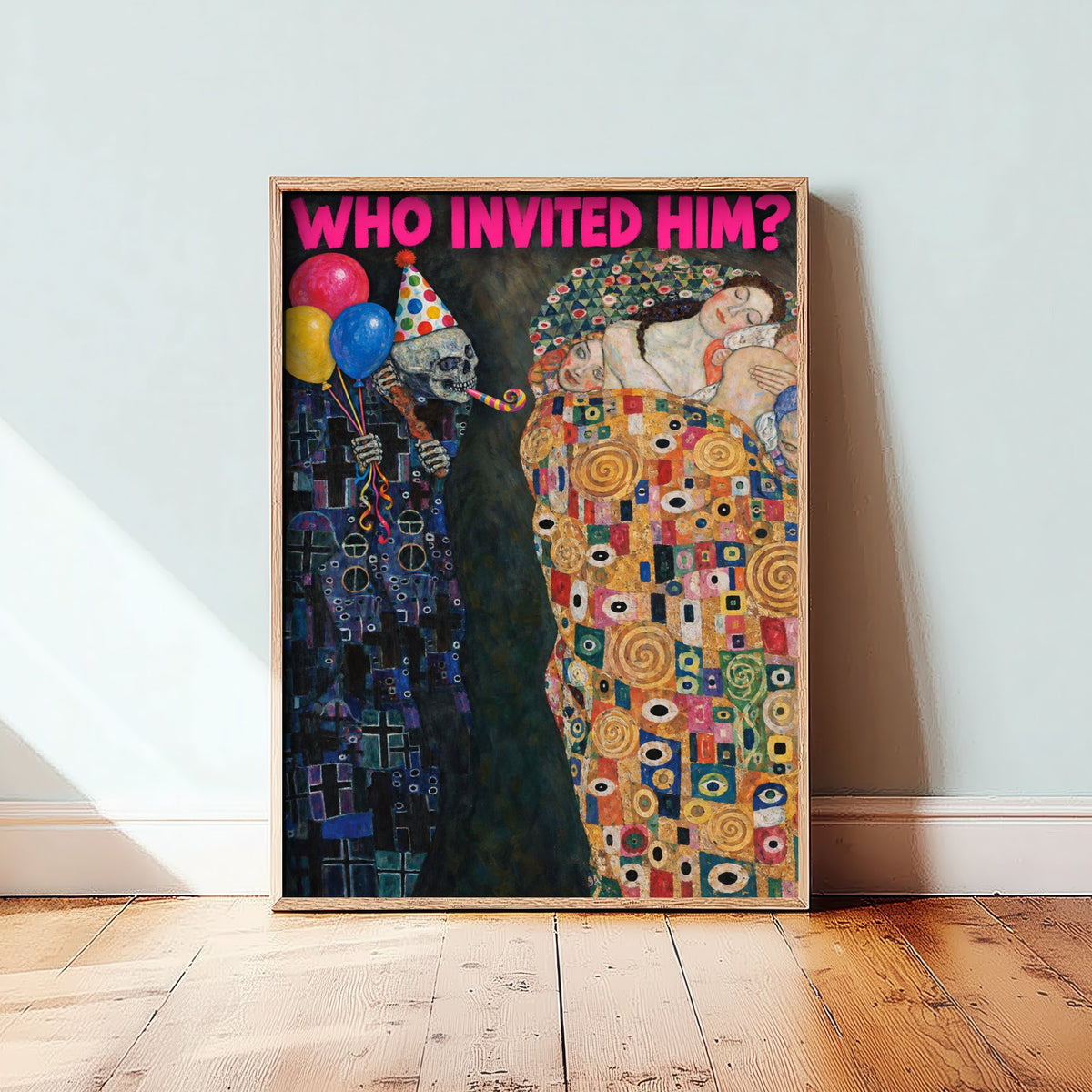 Who Invited Him Funny Art Print - Death and Life by Klimt Parody Poster - Altered Classic Painting - Birthday Gift