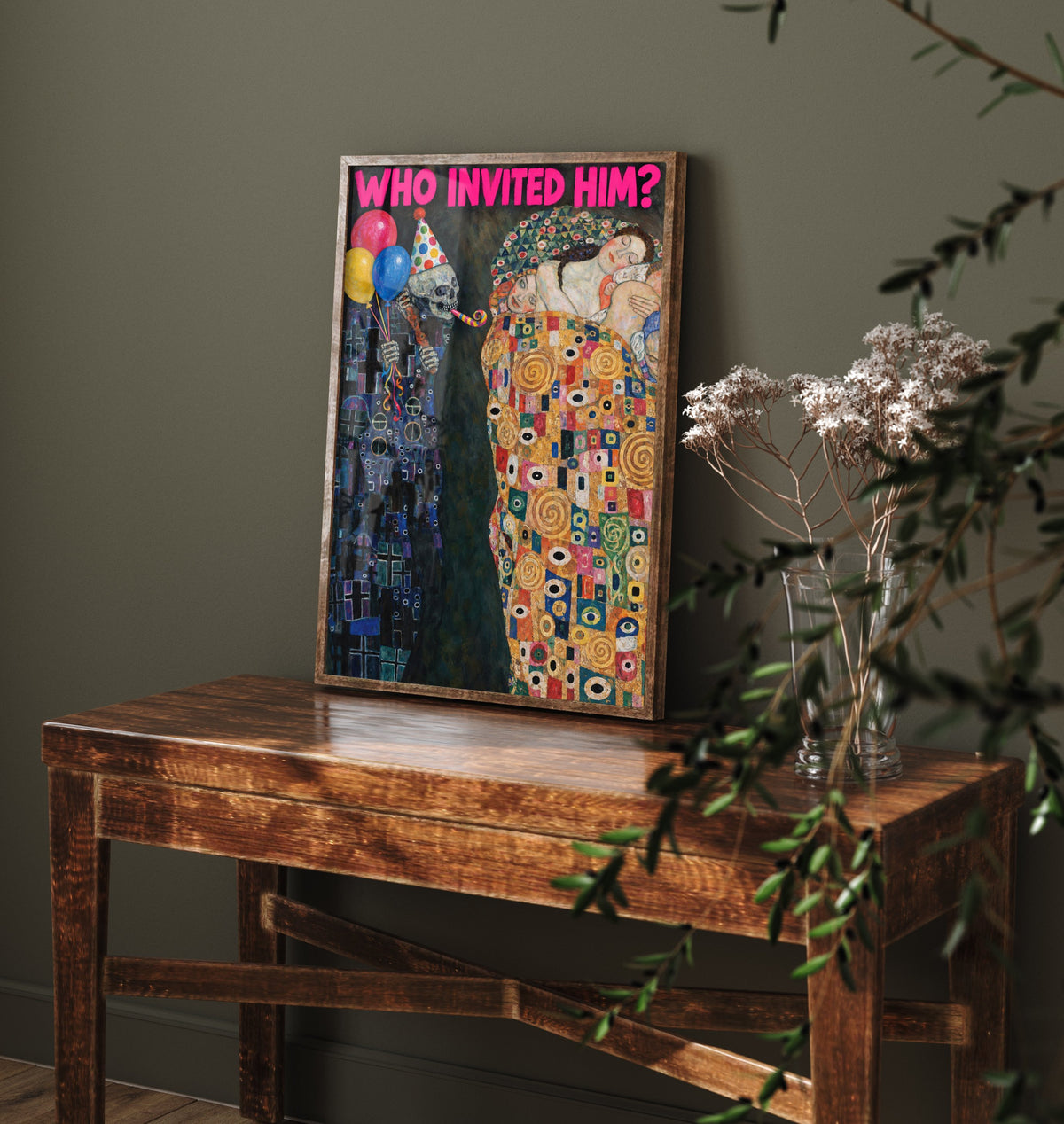 Who Invited Him Funny Art Print - Death and Life by Klimt Parody Poster - Altered Classic Painting - Birthday Gift