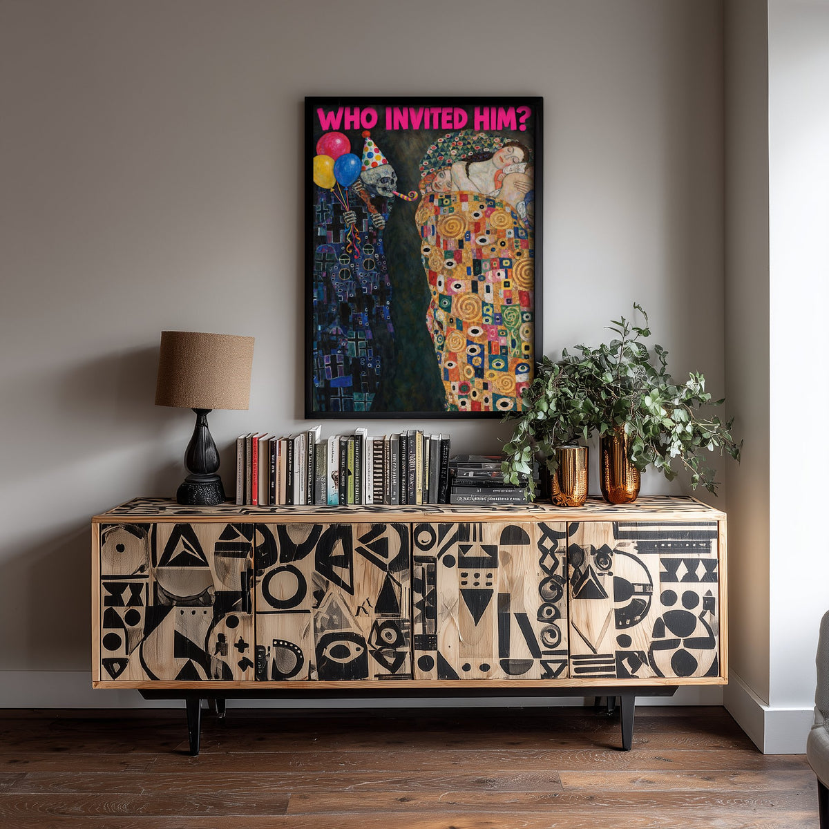Who Invited Him Funny Art Print - Death and Life by Klimt Parody Poster - Altered Classic Painting - Birthday Gift