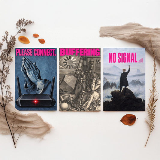Funny WiFi Set of Three Art Prints - Please Connect, Buffering, No Signal - Classic Art Parody Poster Illustration