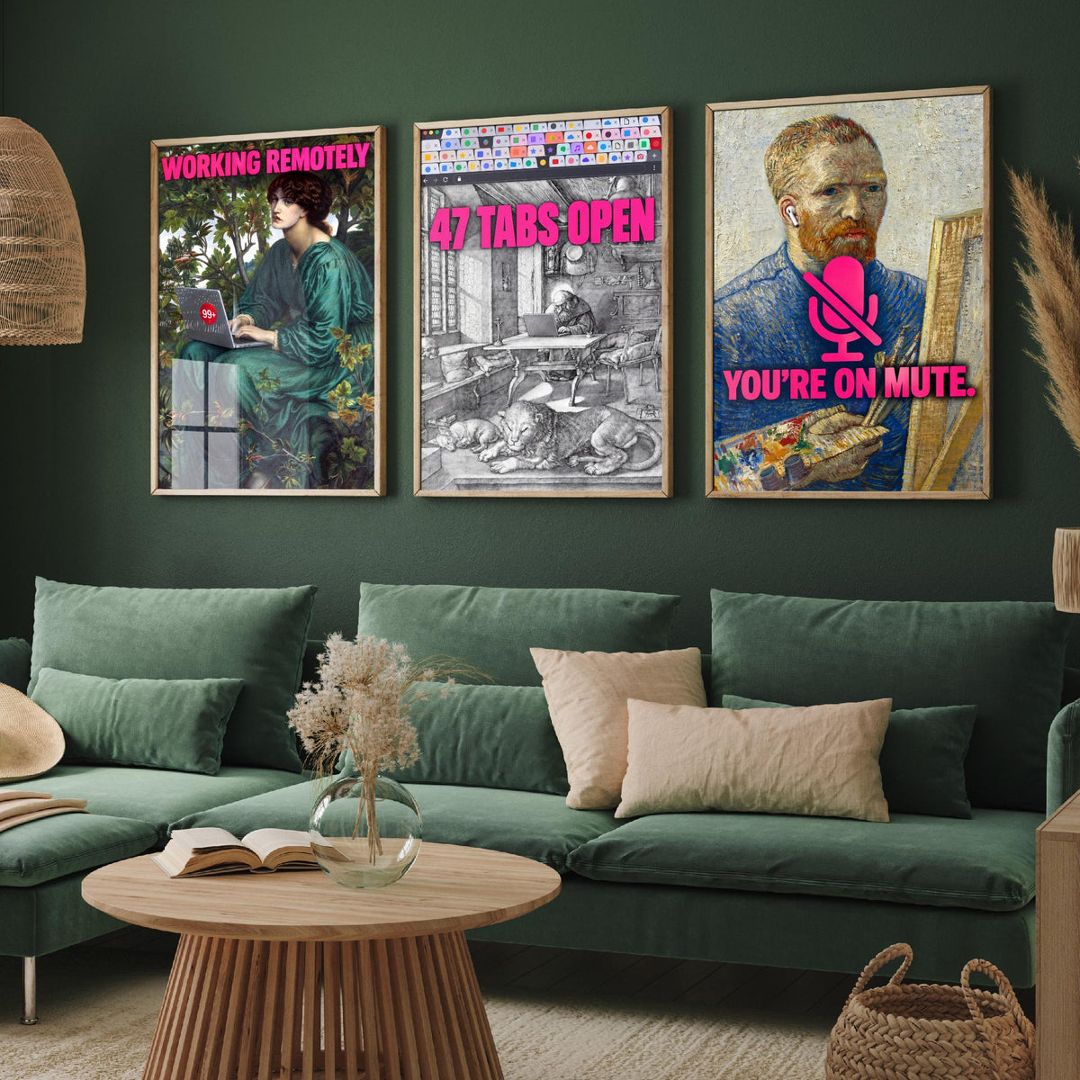 Funny Work From Home Set of Three Art Prints - Working Remotely, 47 Tabs Open, You're on Mute - Classic Painting Parody Poster