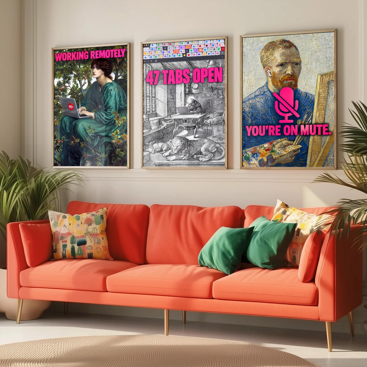 Funny Work From Home Set of Three Art Prints - Working Remotely, 47 Tabs Open, You're on Mute - Classic Painting Parody Poster