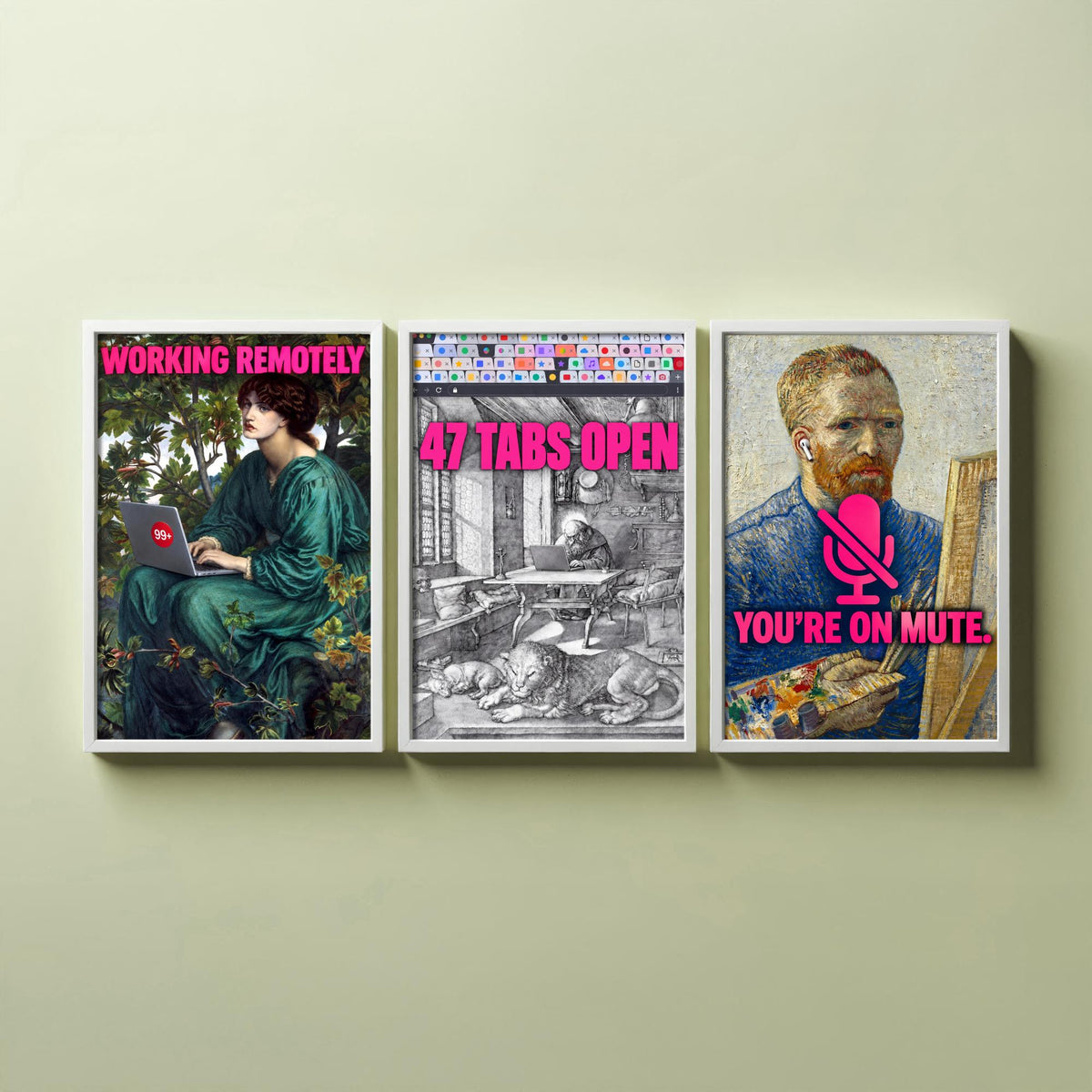 Funny Work From Home Set of Three Art Prints - Working Remotely, 47 Tabs Open, You're on Mute - Classic Painting Parody Poster