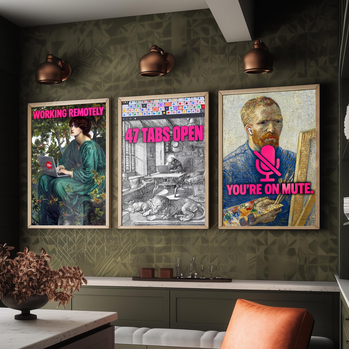 Funny Work From Home Set of Three Art Prints - Working Remotely, 47 Tabs Open, You're on Mute - Classic Painting Parody Poster