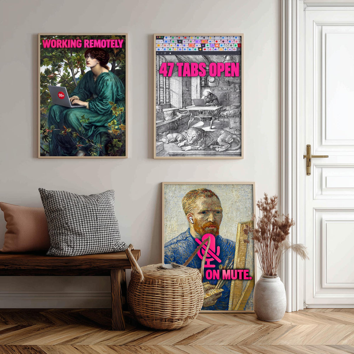 Funny Work From Home Set of Three Art Prints - Working Remotely, 47 Tabs Open, You're on Mute - Classic Painting Parody Poster