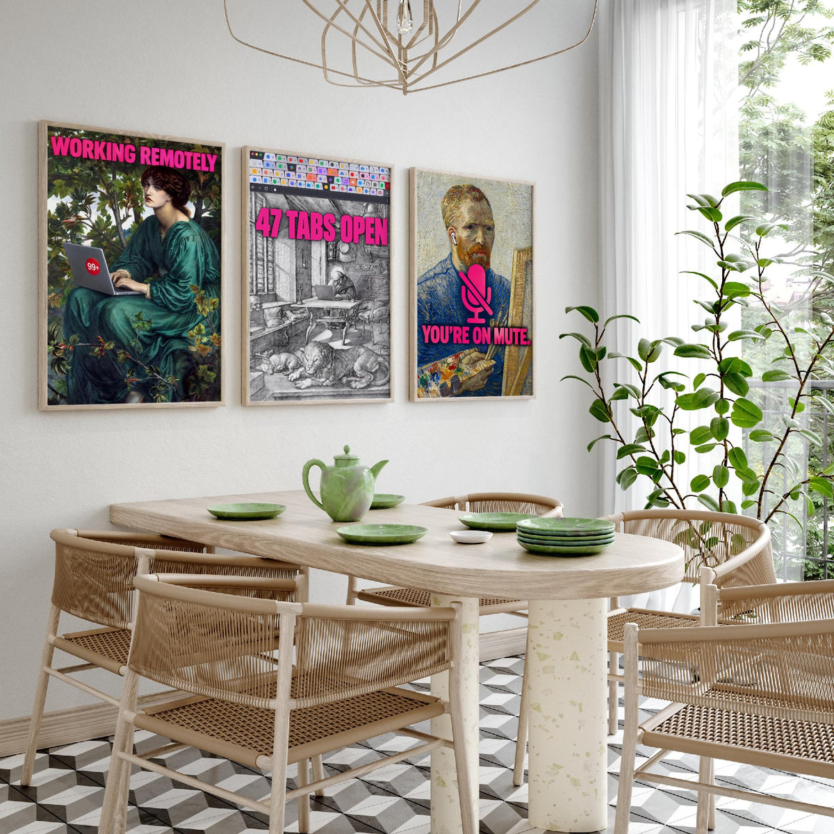 Funny Work From Home Set of Three Art Prints - Working Remotely, 47 Tabs Open, You're on Mute - Classic Painting Parody Poster