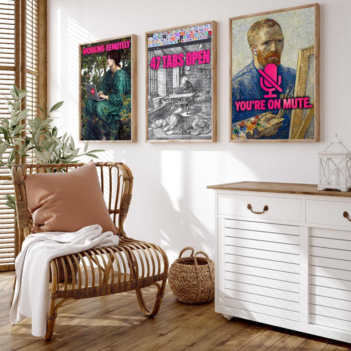 Funny Work From Home Set of Three Art Prints - Working Remotely, 47 Tabs Open, You're on Mute - Classic Painting Parody Poster