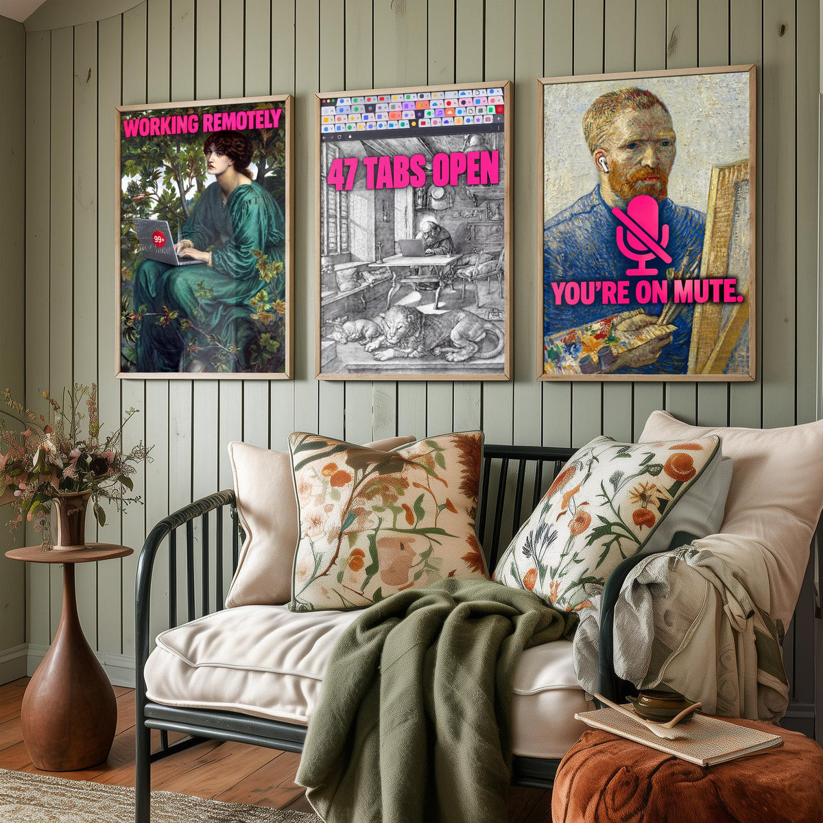 Funny Work From Home Set of Three Art Prints - Working Remotely, 47 Tabs Open, You're on Mute - Classic Painting Parody Poster