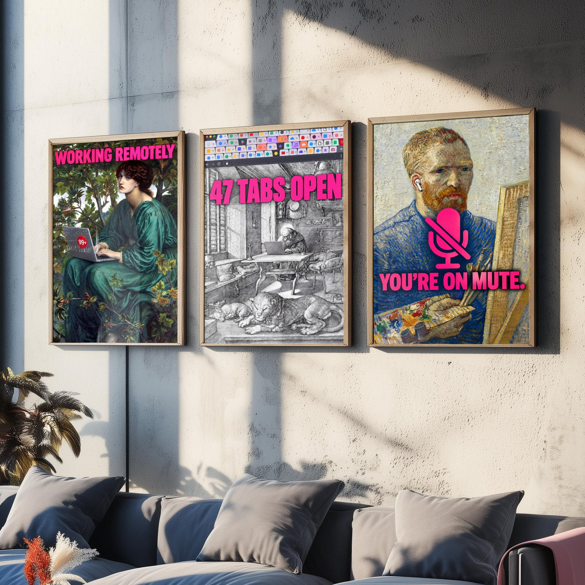 Funny Work From Home Set of Three Art Prints - Working Remotely, 47 Tabs Open, You're on Mute - Classic Painting Parody Poster