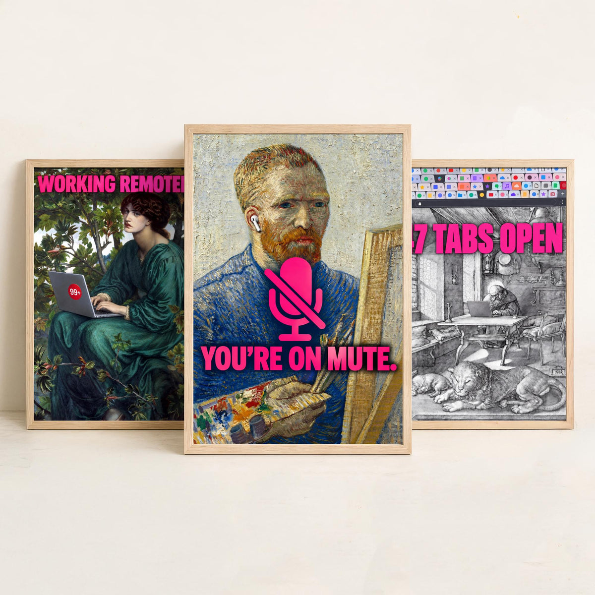 Funny Work From Home Set of Three Art Prints - Working Remotely, 47 Tabs Open, You're on Mute - Classic Painting Parody Poster