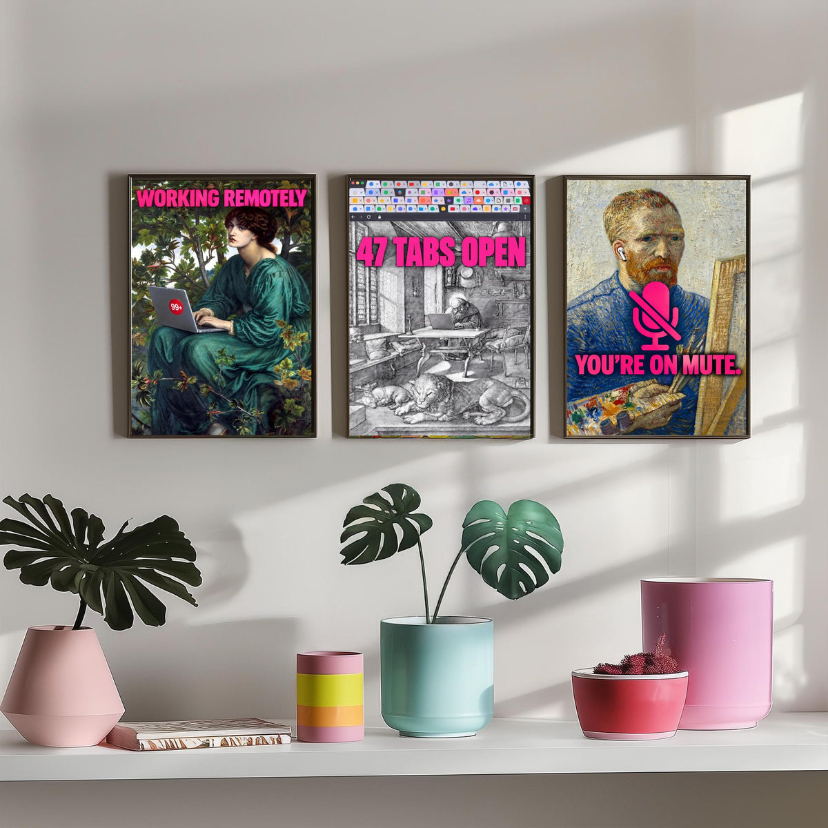 Funny Work From Home Set of Three Art Prints - Working Remotely, 47 Tabs Open, You're on Mute - Classic Painting Parody Poster