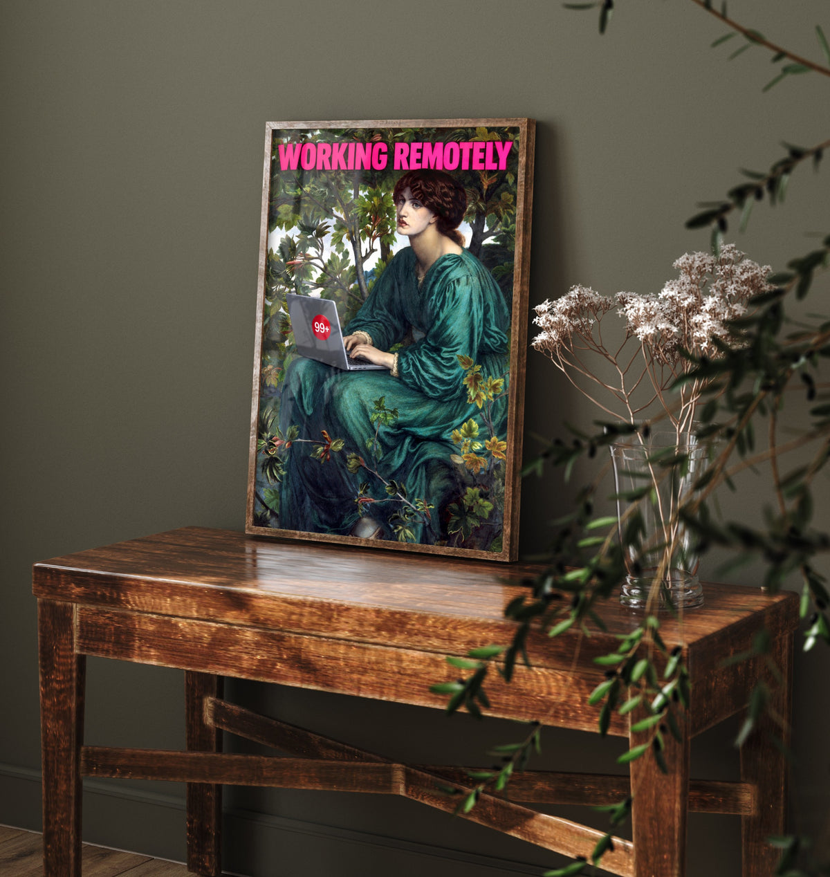 Working Remotely Funny Art Print - The Day Dream by Rossetti Parody Poster - Altered Classic Painting - Remote Worker Gift