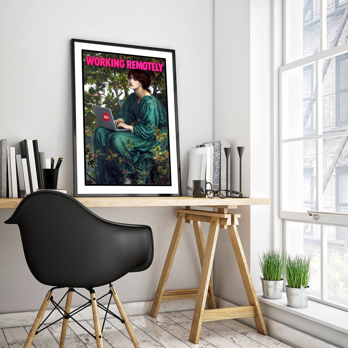 Working Remotely Funny Art Print - The Day Dream by Rossetti Parody Poster - Altered Classic Painting - Remote Worker Gift