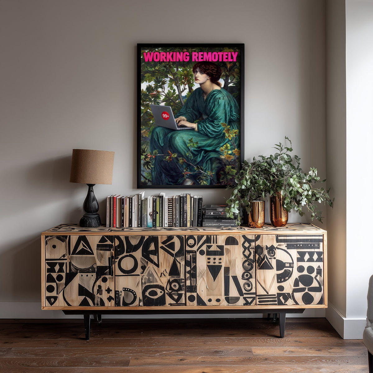 Working Remotely Funny Art Print - The Day Dream by Rossetti Parody Poster - Altered Classic Painting - Remote Worker Gift