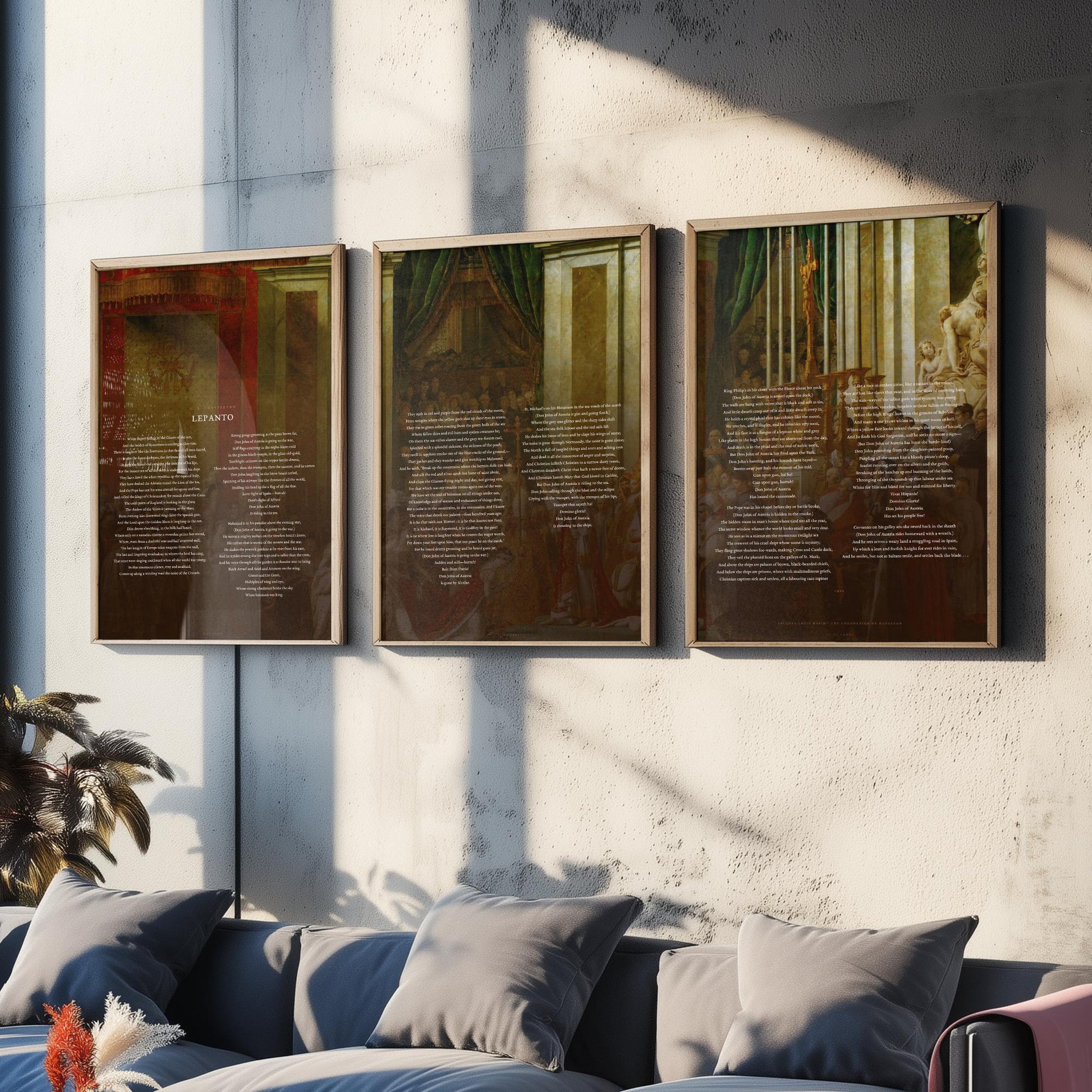 Lepanto by G K Chesterton Set of Three Art Prints - Full Poem over Jacques Louis David Coronation Painting - Epic Poetry Poster Triptych