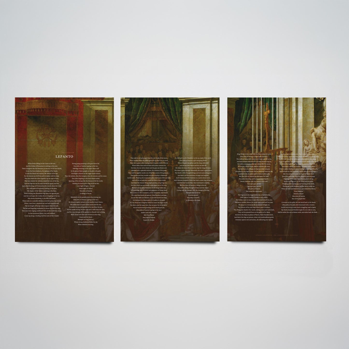 Lepanto by G K Chesterton Set of Three Art Prints - Full Poem over Jacques Louis David Coronation Painting - Epic Poetry Poster Triptych