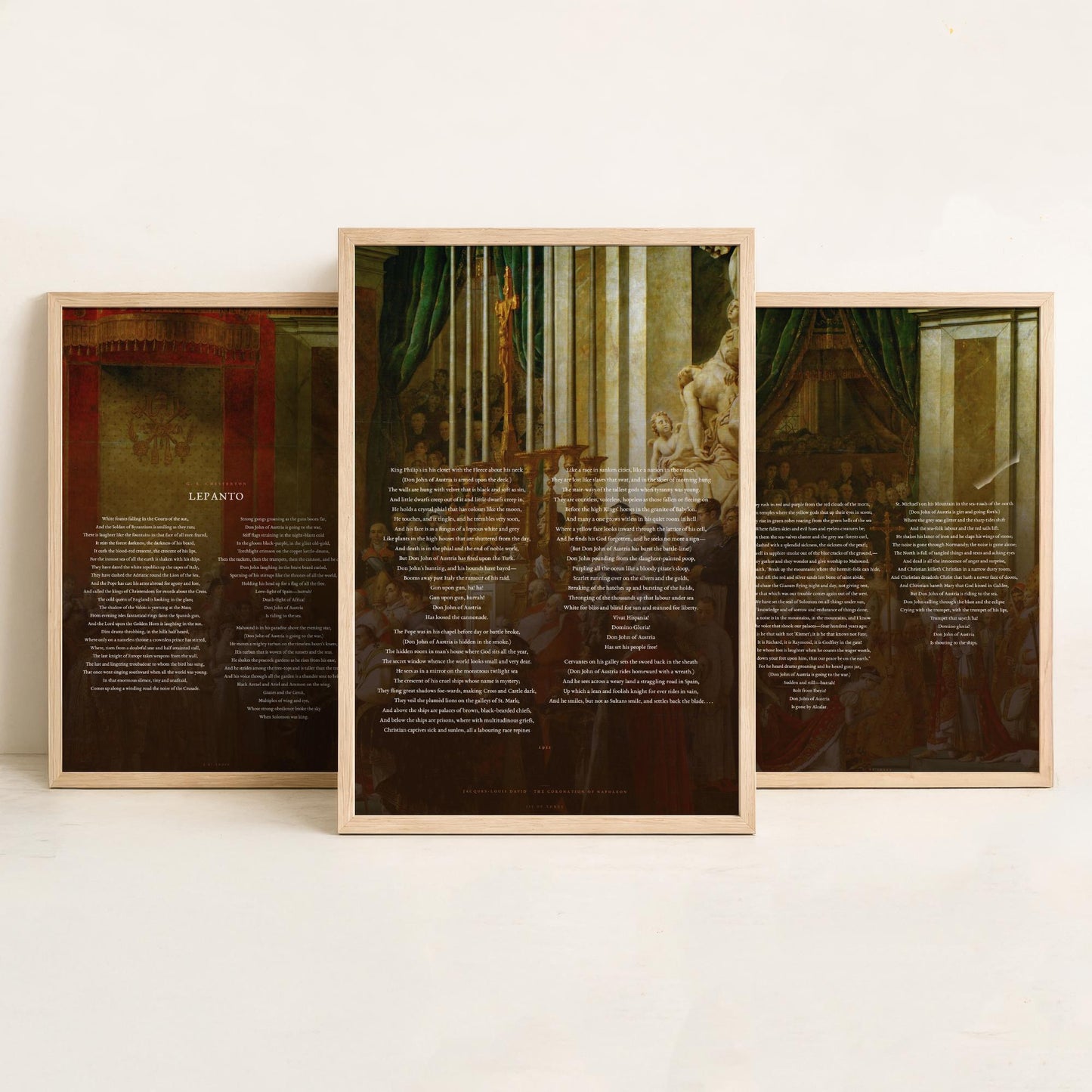 Lepanto by G K Chesterton Set of Three Art Prints - Full Poem over Jacques Louis David Coronation Painting - Epic Poetry Poster Triptych