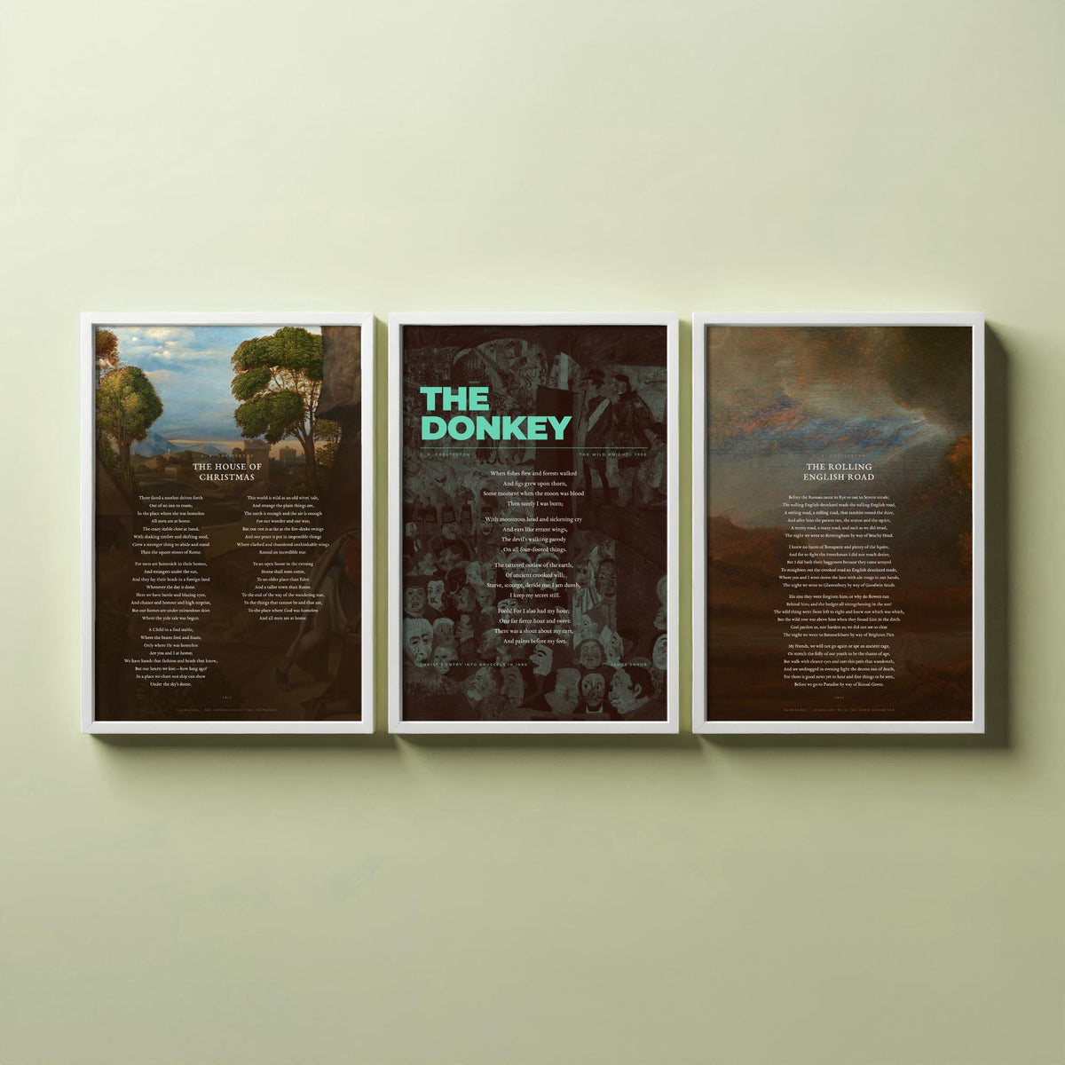 G. K. Chesterton Poems Set of Three Art Prints - The House of Christmas, The Donkey, The Rolling English Road - Painting Poster Triptych