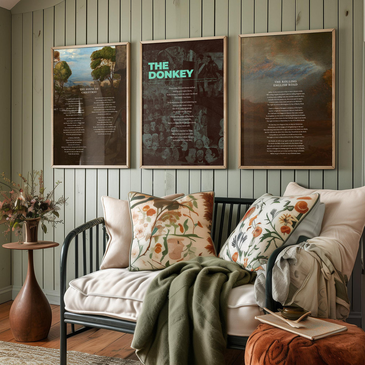 G. K. Chesterton Poems Set of Three Art Prints - The House of Christmas, The Donkey, The Rolling English Road - Painting Poster Triptych