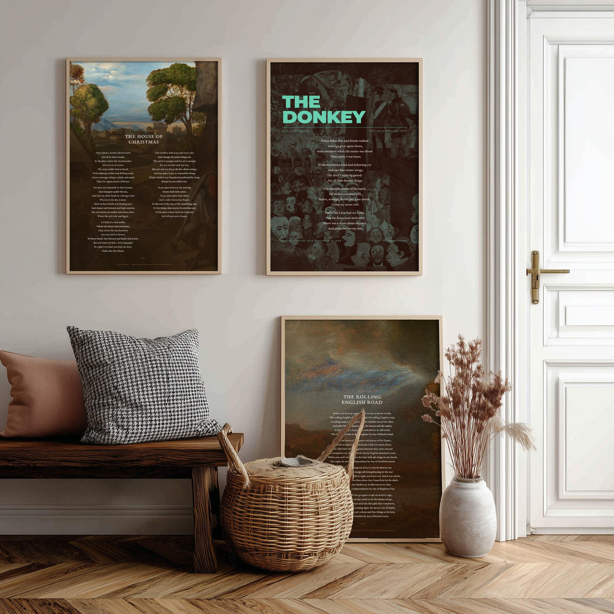 G. K. Chesterton Poems Set of Three Art Prints - The House of Christmas, The Donkey, The Rolling English Road - Painting Poster Triptych