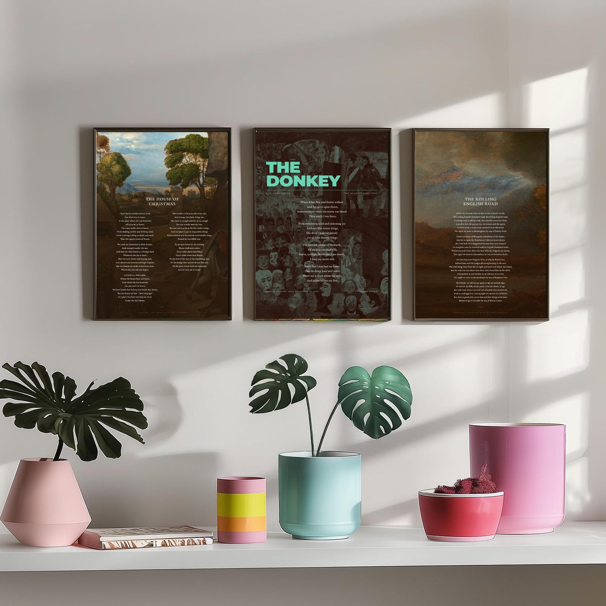 G. K. Chesterton Poems Set of Three Art Prints - The House of Christmas, The Donkey, The Rolling English Road - Painting Poster Triptych