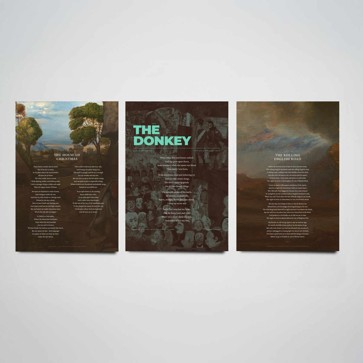 G. K. Chesterton Poems Set of Three Art Prints - The House of Christmas, The Donkey, The Rolling English Road - Painting Poster Triptych