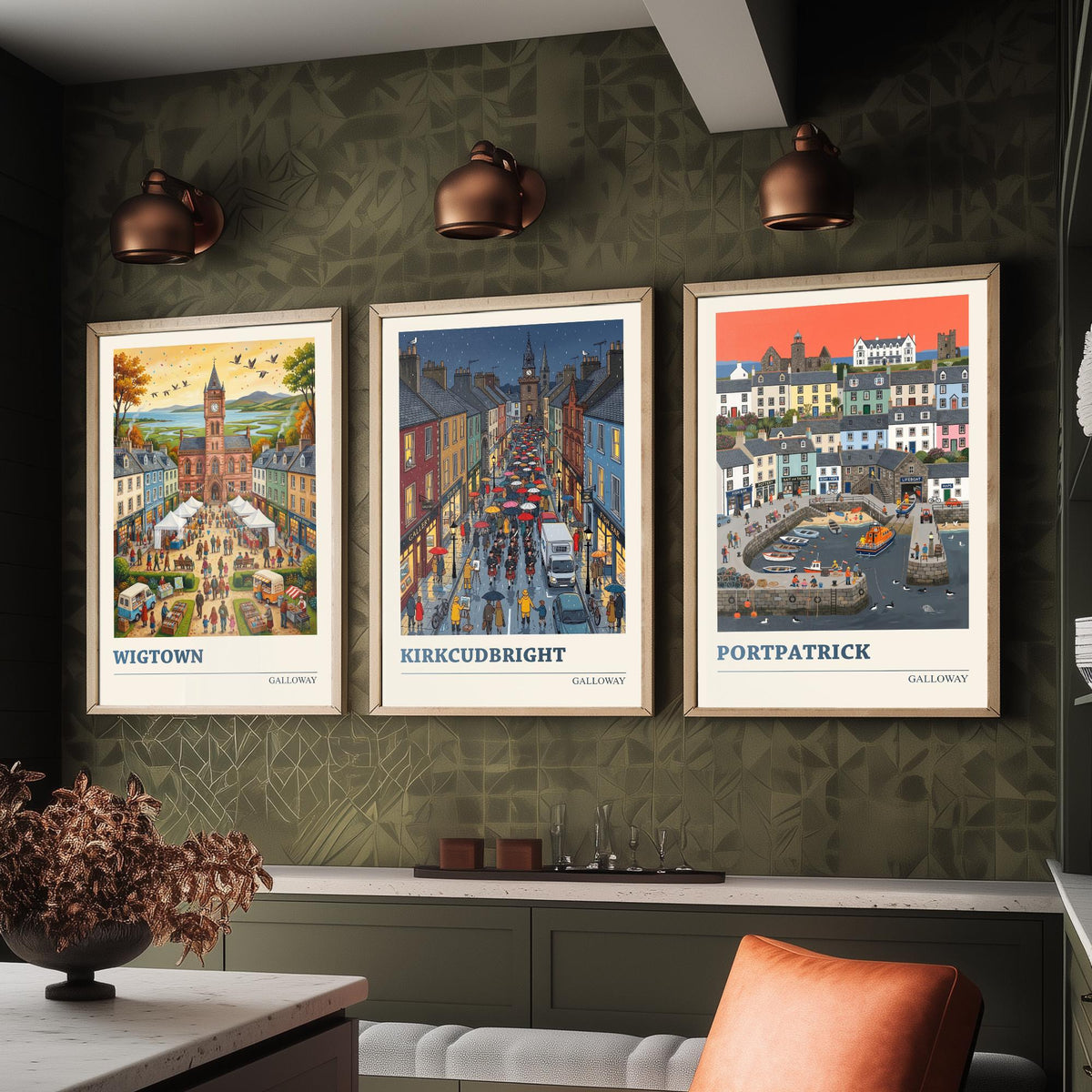 Galloway Set of Three Art Prints - Wigtown, Kirkcudbright, Portpatrick - 3 Colourful Folk Illustration Travel Posters - Scottish Painting