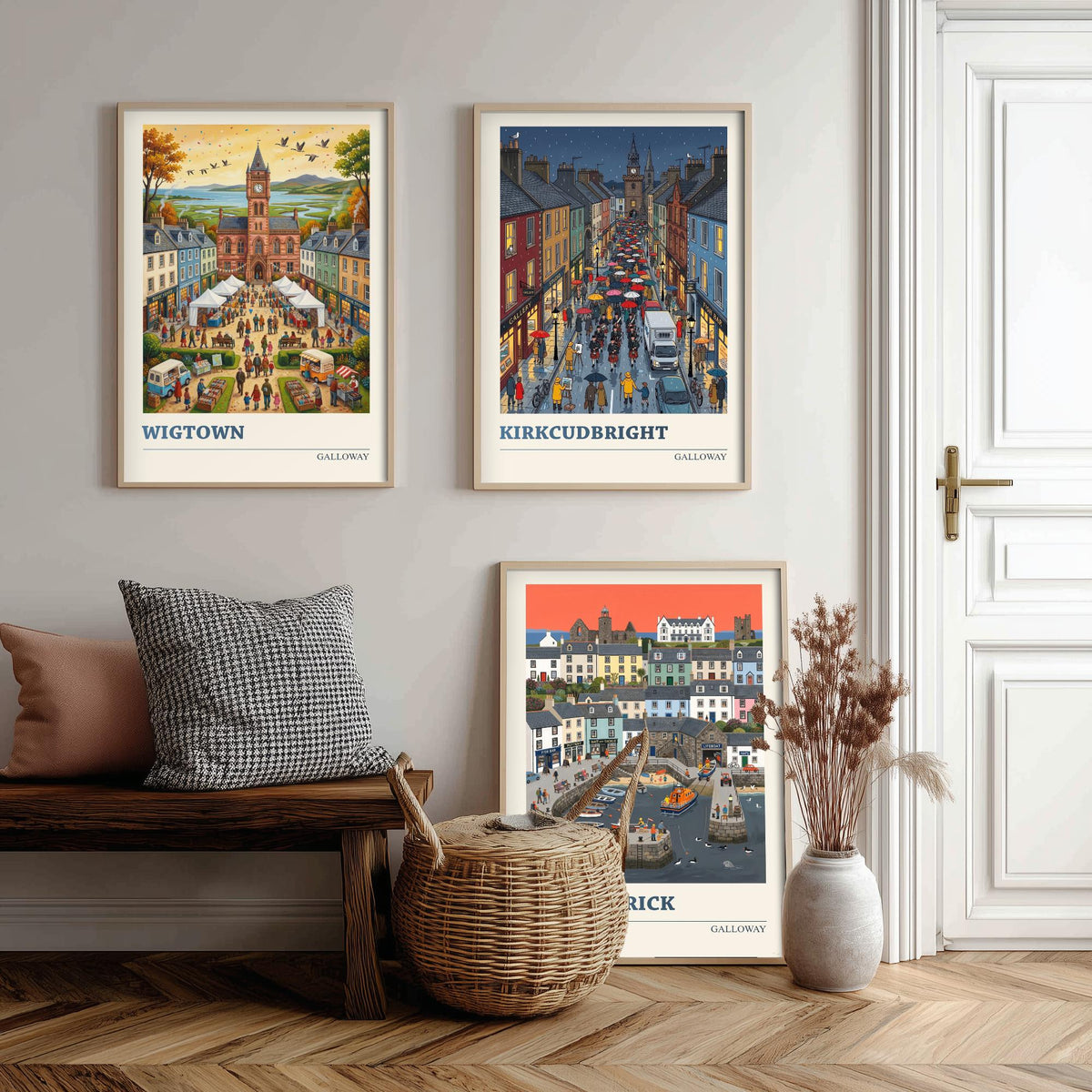 Galloway Set of Three Art Prints - Wigtown, Kirkcudbright, Portpatrick - 3 Colourful Folk Illustration Travel Posters - Scottish Painting