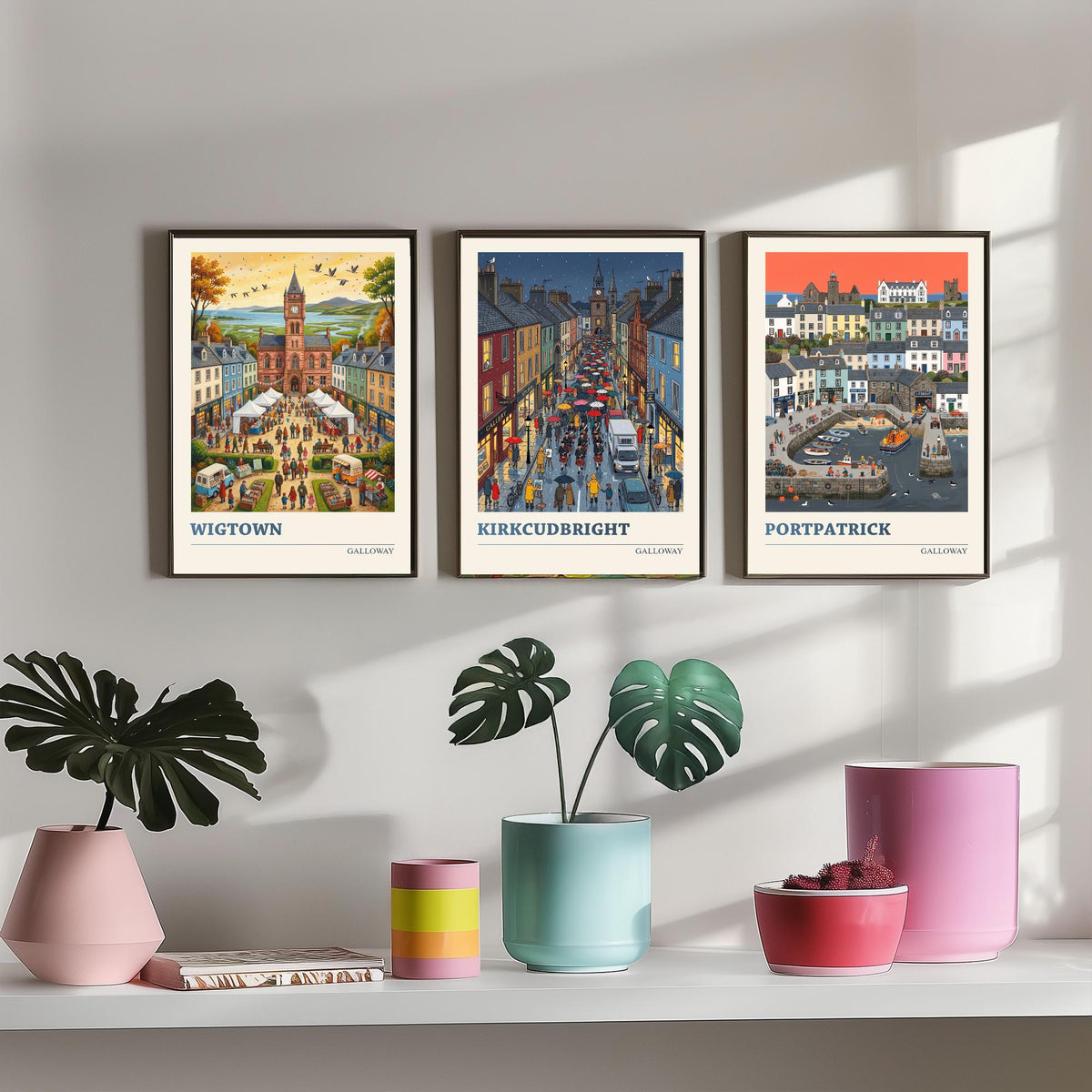 Galloway Set of Three Art Prints - Wigtown, Kirkcudbright, Portpatrick - 3 Colourful Folk Illustration Travel Posters - Scottish Painting