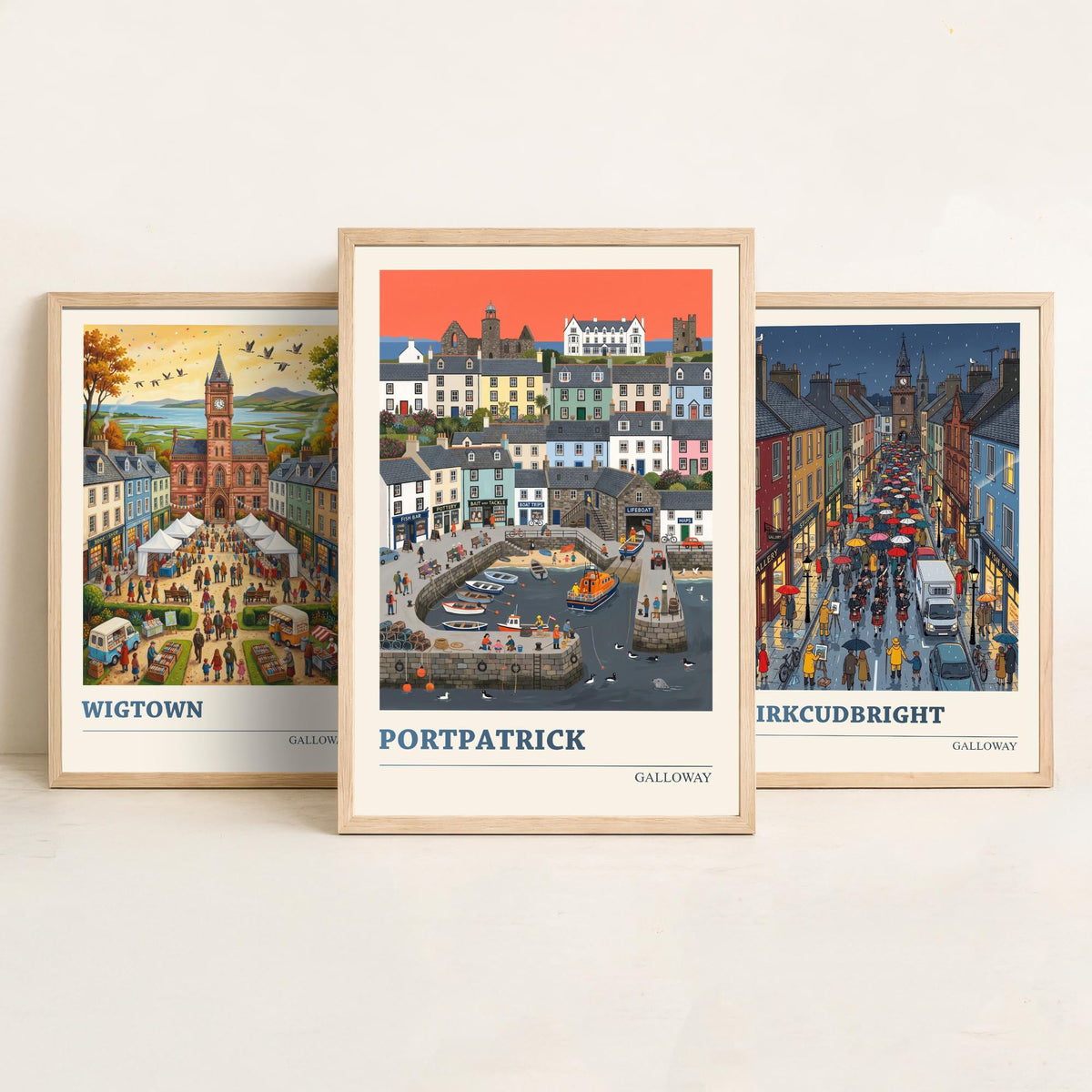 Galloway Set of Three Art Prints - Wigtown, Kirkcudbright, Portpatrick - 3 Colourful Folk Illustration Travel Posters - Scottish Painting