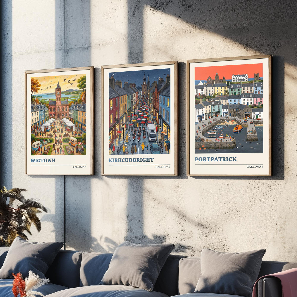 Galloway Set of Three Art Prints - Wigtown, Kirkcudbright, Portpatrick - 3 Colourful Folk Illustration Travel Posters - Scottish Painting