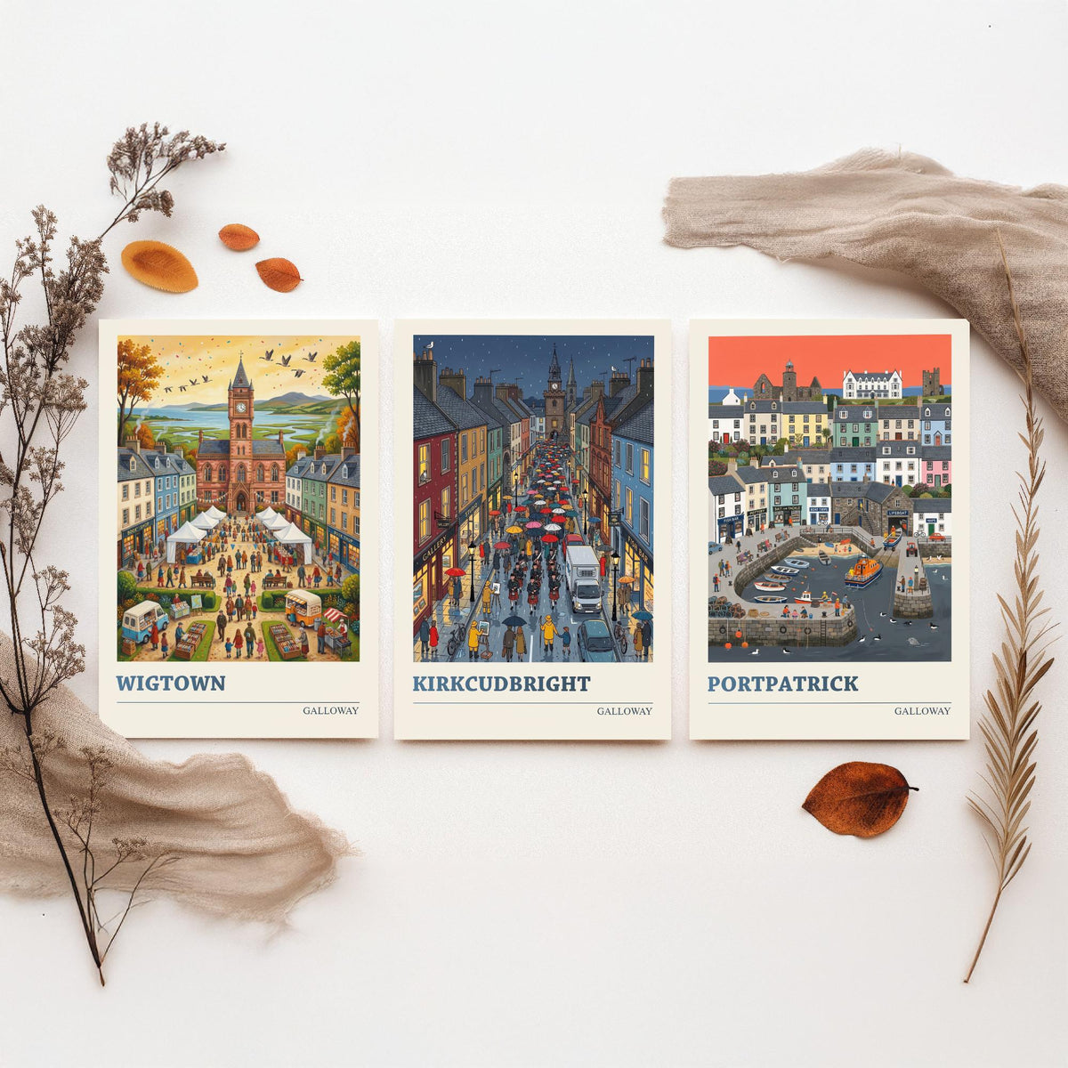 Galloway Set of Three Art Prints - Wigtown, Kirkcudbright, Portpatrick - 3 Colourful Folk Illustration Travel Posters - Scottish Painting