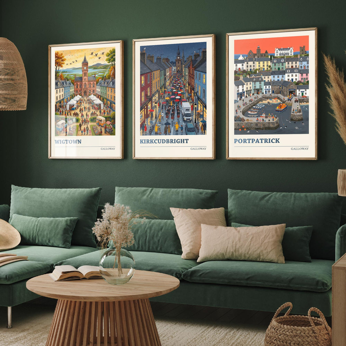 Galloway Set of Three Art Prints - Wigtown, Kirkcudbright, Portpatrick - 3 Colourful Folk Illustration Travel Posters - Scottish Painting