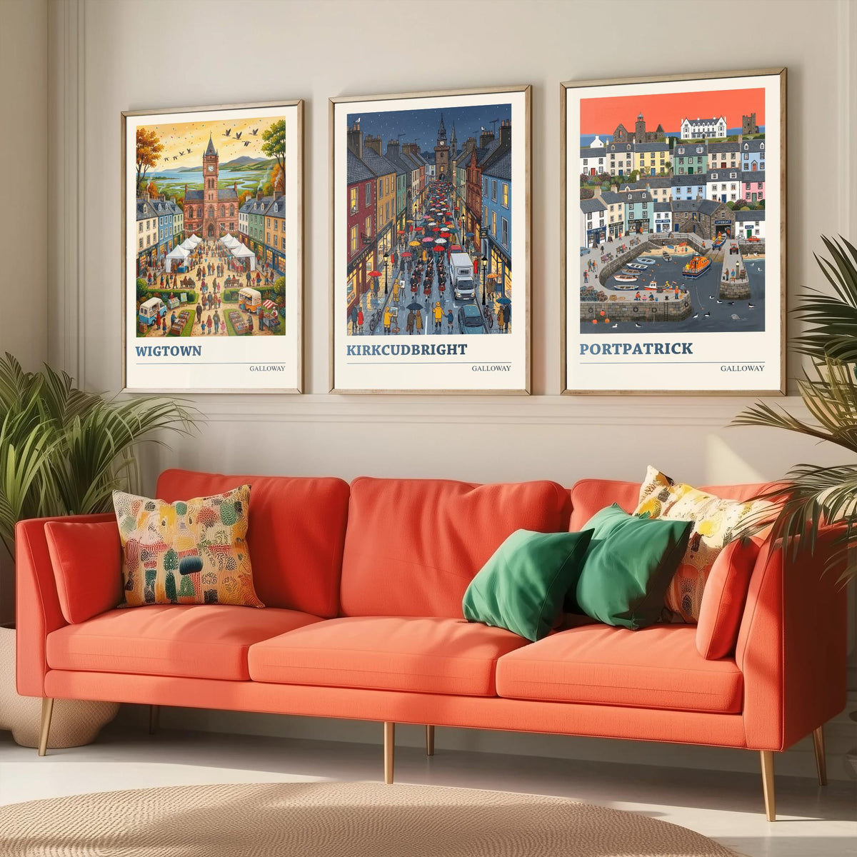 Galloway Set of Three Art Prints - Wigtown, Kirkcudbright, Portpatrick - 3 Colourful Folk Illustration Travel Posters - Scottish Painting