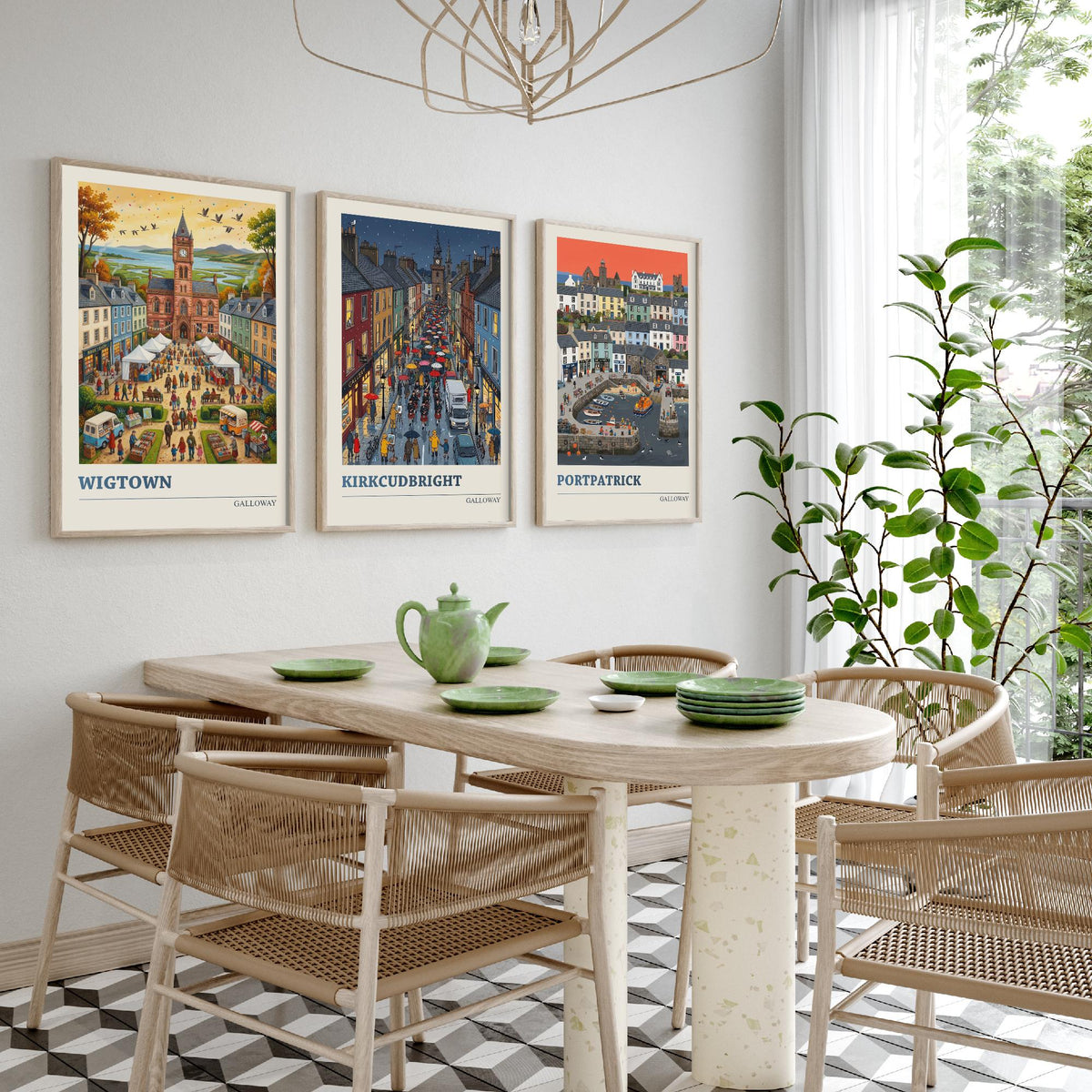 Galloway Set of Three Art Prints - Wigtown, Kirkcudbright, Portpatrick - 3 Colourful Folk Illustration Travel Posters - Scottish Painting