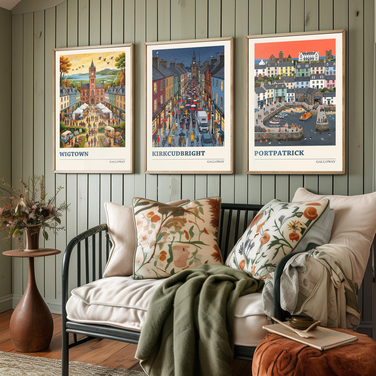Galloway Set of Three Art Prints - Wigtown, Kirkcudbright, Portpatrick - 3 Colourful Folk Illustration Travel Posters - Scottish Painting