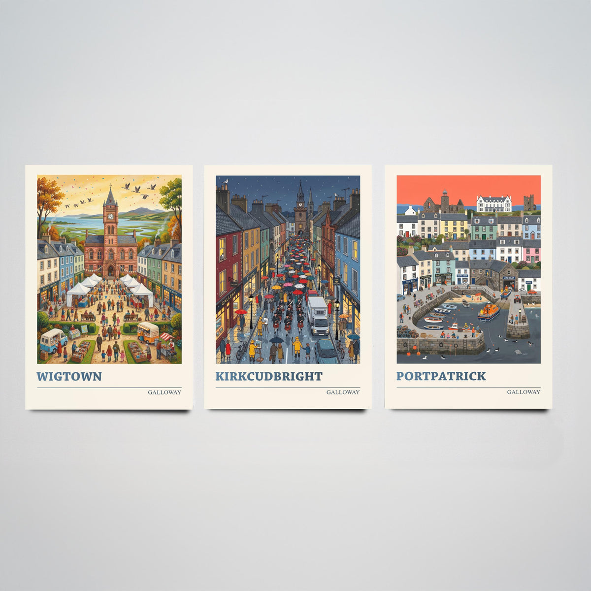 Galloway Set of Three Art Prints - Wigtown, Kirkcudbright, Portpatrick - 3 Colourful Folk Illustration Travel Posters - Scottish Painting