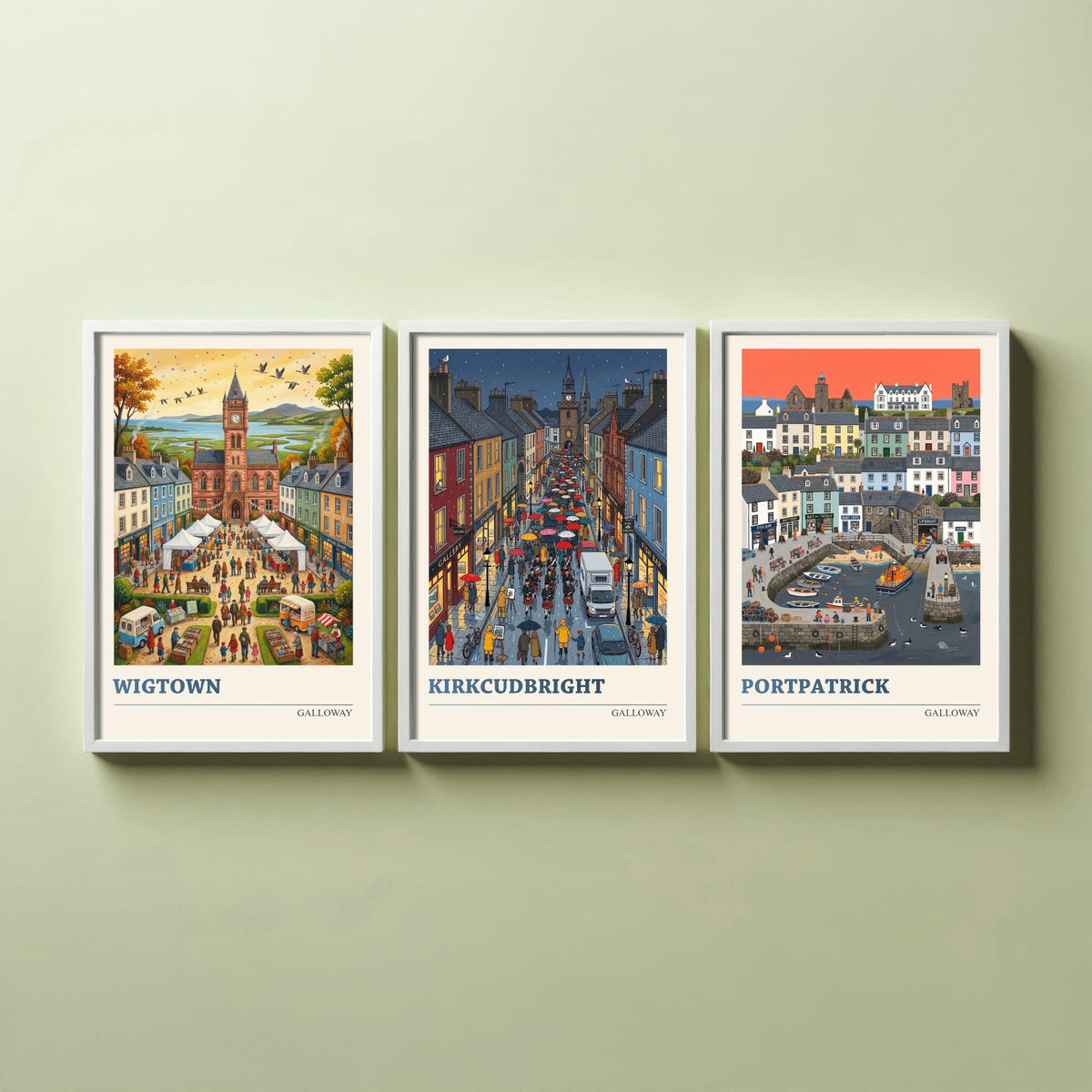 Galloway Set of Three Art Prints - Wigtown, Kirkcudbright, Portpatrick - 3 Colourful Folk Illustration Travel Posters - Scottish Painting