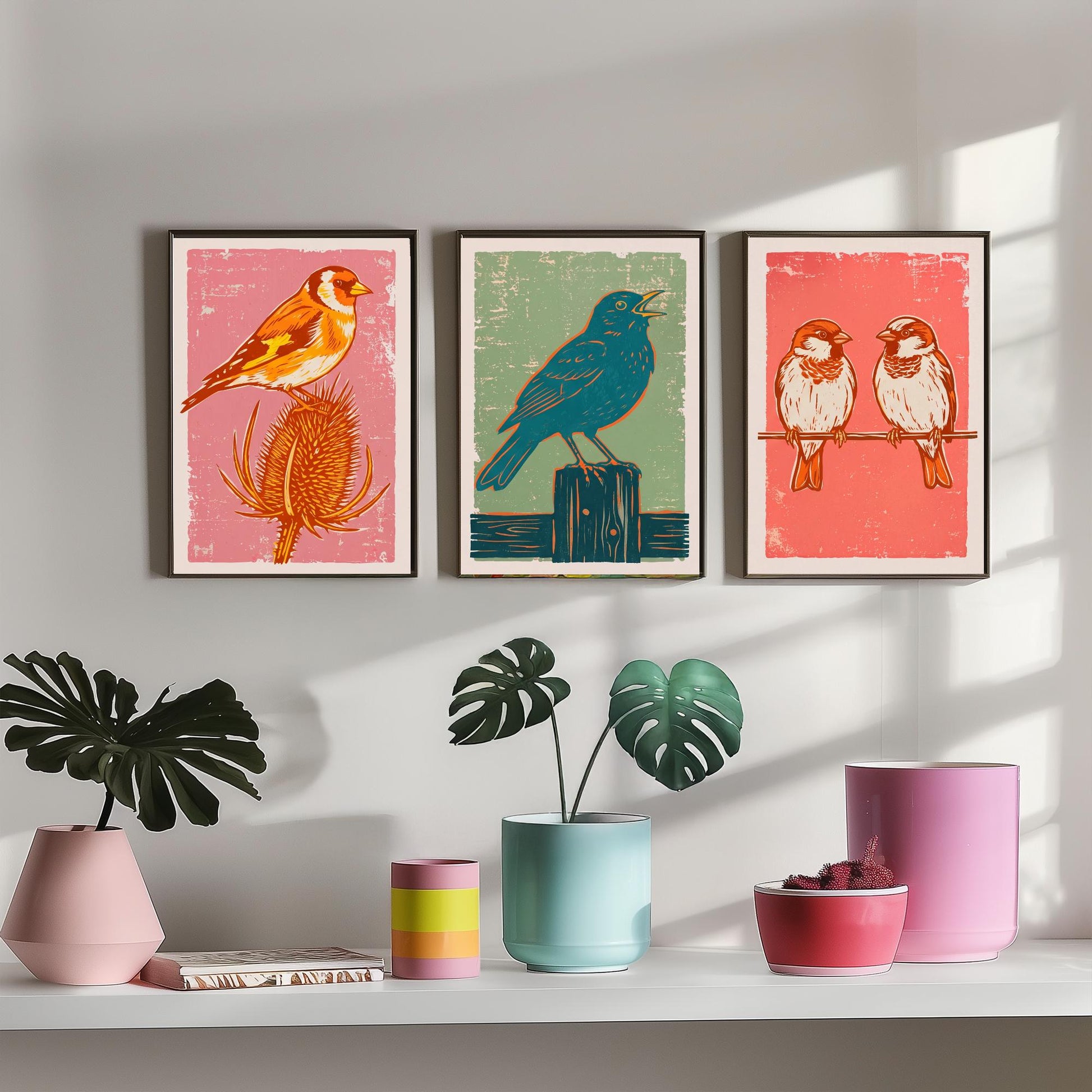 Set of Three Goldfinch, Blackbird and Sparrow Art Prints - Garden Bird Linocut Illustrations - British Songbird Posters V2