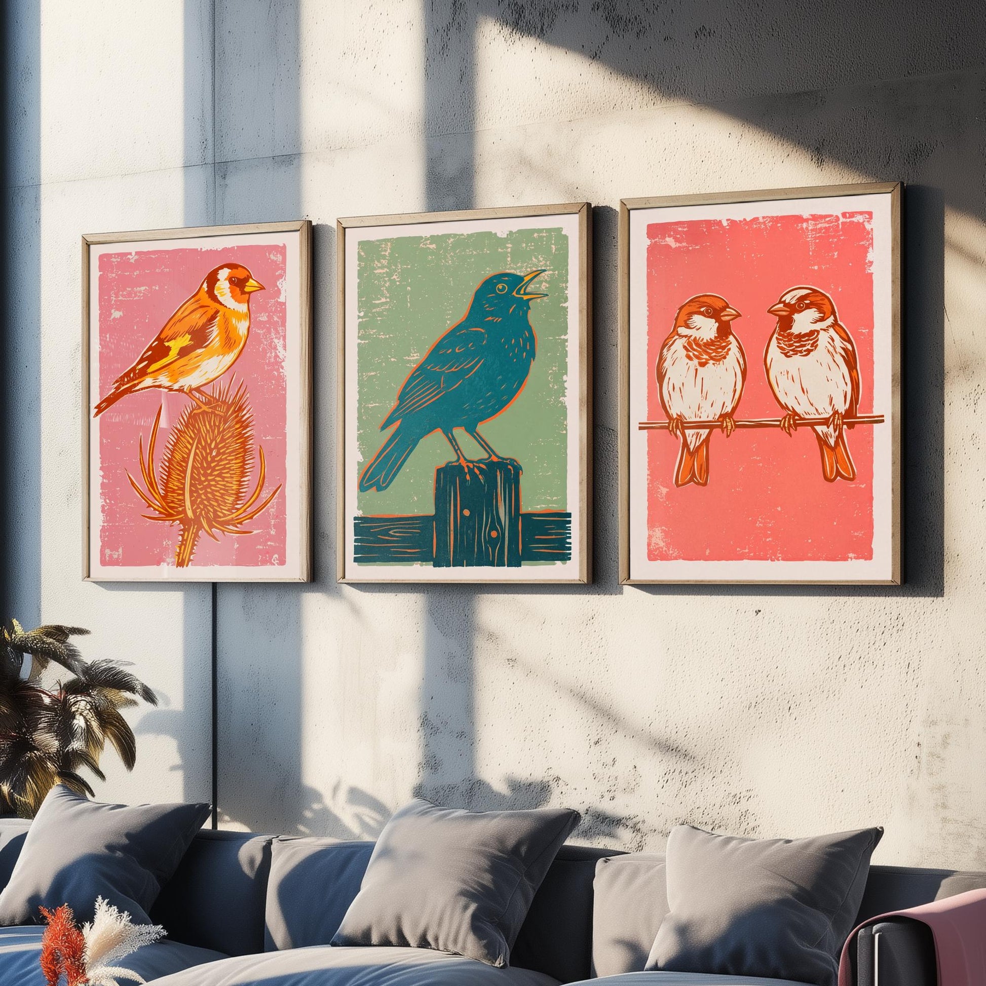 Set of Three Goldfinch, Blackbird and Sparrow Art Prints - Garden Bird Linocut Illustrations - British Songbird Posters V2