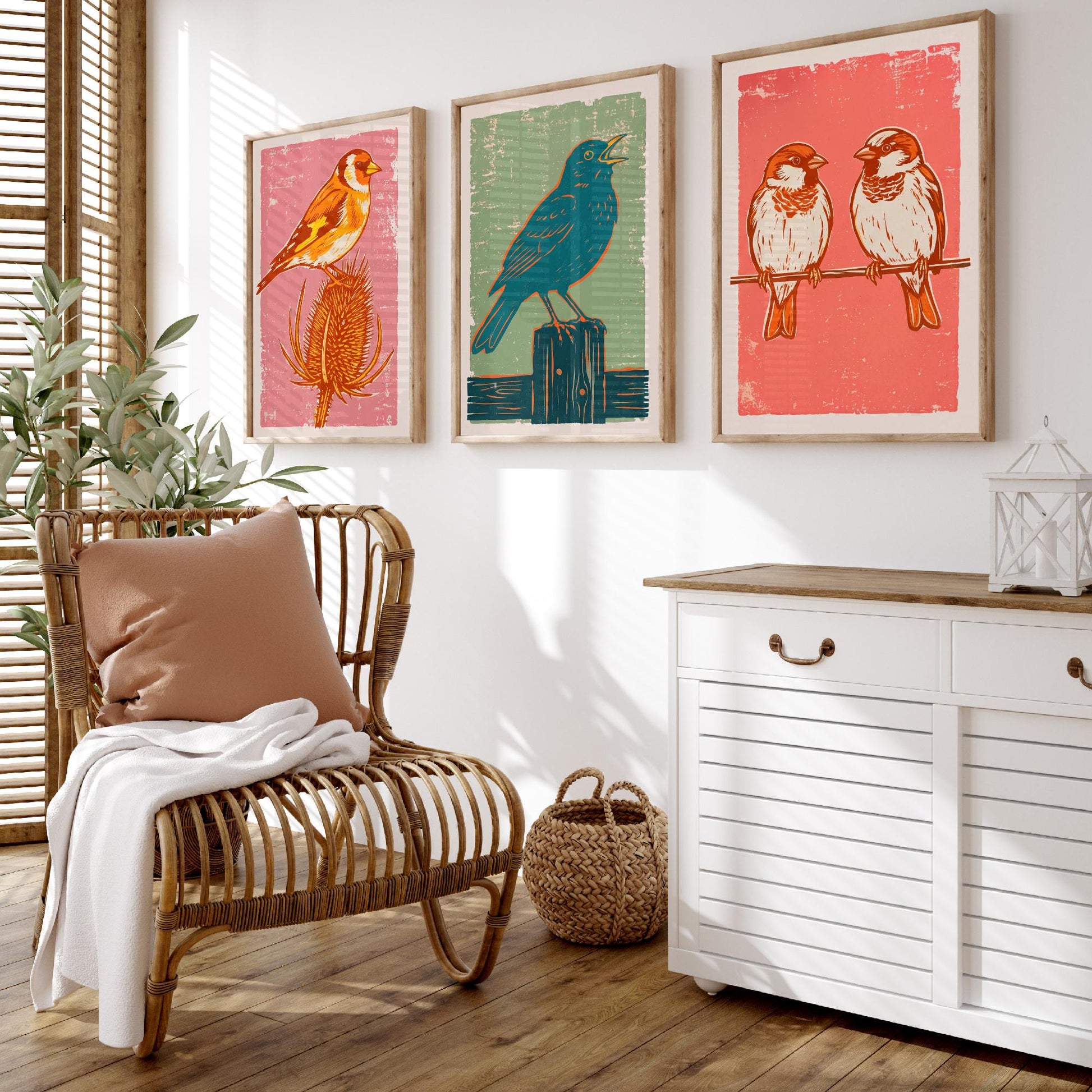 Set of Three Goldfinch, Blackbird and Sparrow Art Prints - Garden Bird Linocut Illustrations - British Songbird Posters V2