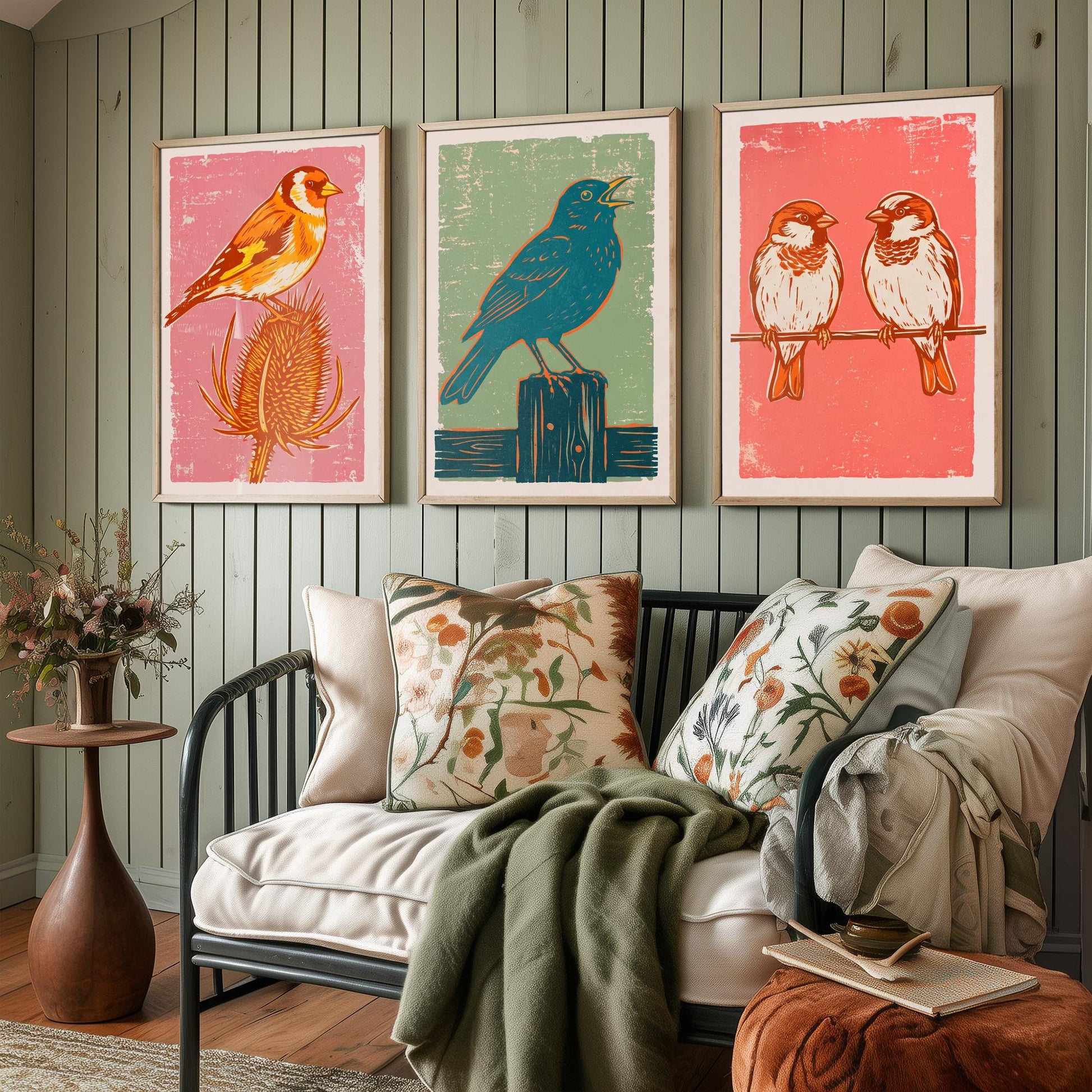 Set of Three Goldfinch, Blackbird and Sparrow Art Prints - Garden Bird Linocut Illustrations - British Songbird Posters V2
