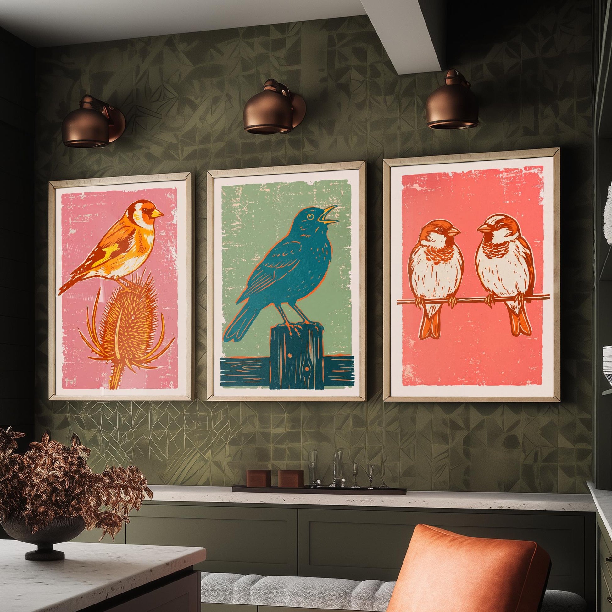 Set of Three Goldfinch, Blackbird and Sparrow Art Prints - Garden Bird Linocut Illustrations - British Songbird Posters V2