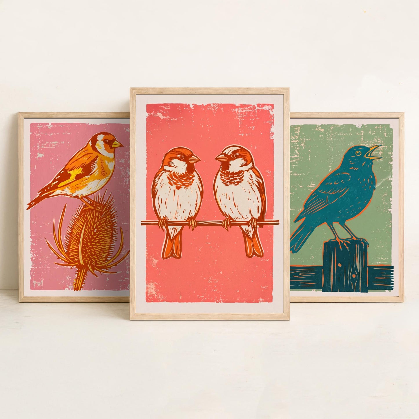 Set of Three Goldfinch, Blackbird and Sparrow Art Prints - Garden Bird Linocut Illustrations - British Songbird Posters V2